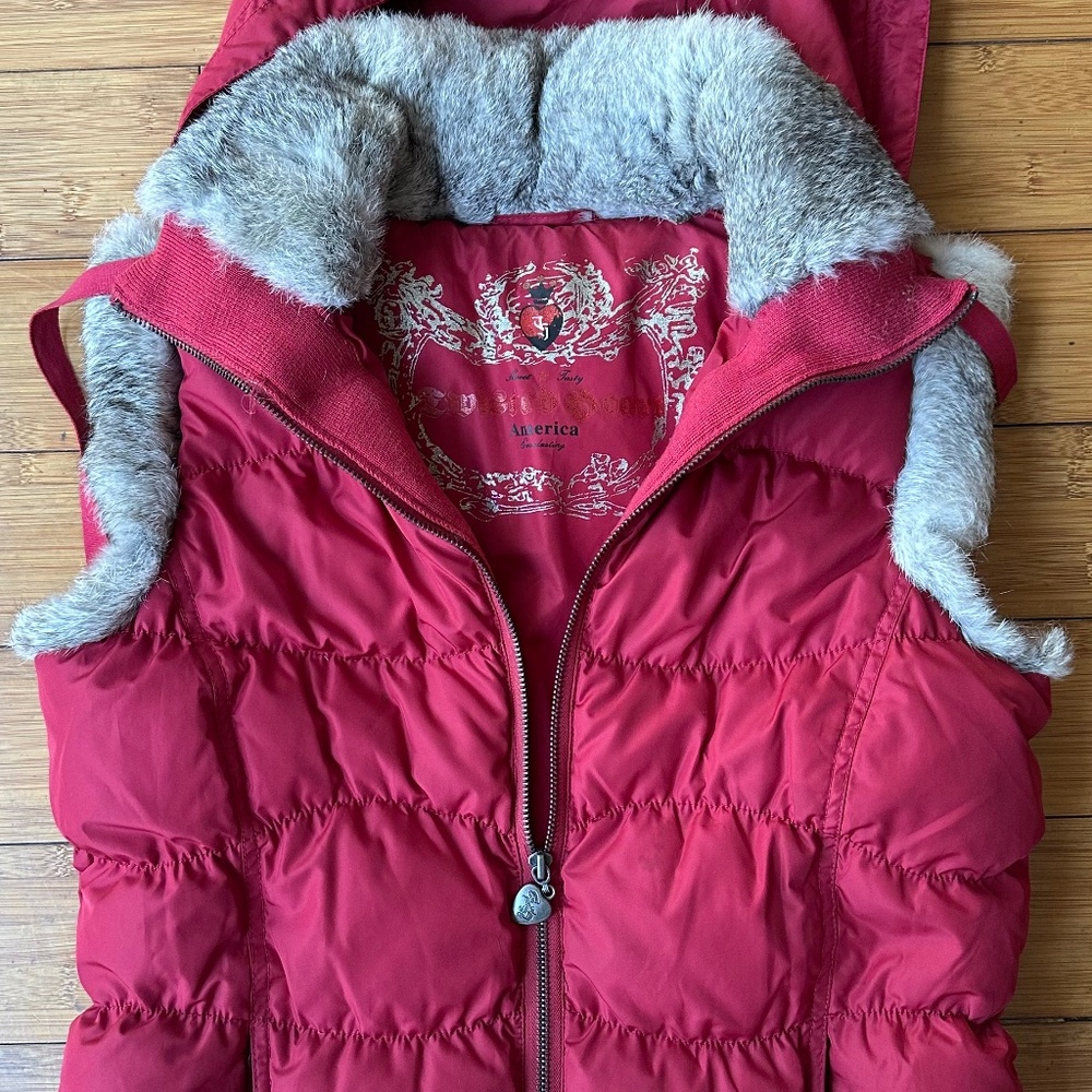 Twisted Heart Down Puffer Vest with fur trim